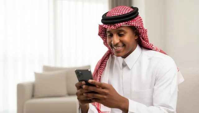 رجل سعودي بالثوب التقليدي يستخدم هاتف ذكي في المنزل