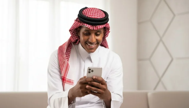 رجل سعودي يستخدم الهاتف الذكي بالزي التقليدي