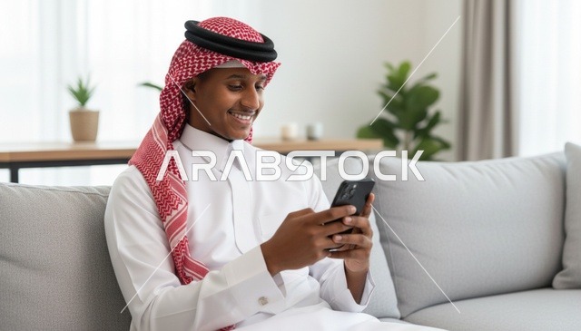 رجل سعودي يستخدم الهاتف الذكي في غرفة المعيشة
