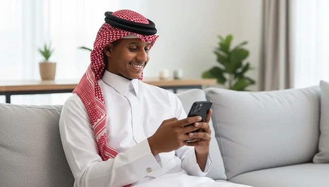 رجل سعودي يستخدم الهاتف الذكي في غرفة المعيشة