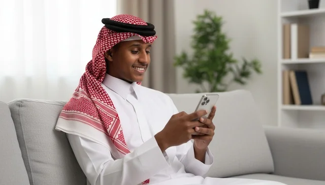 رجل سعودي بالثوب يستخدم الهاتف الذكي على الأريكة