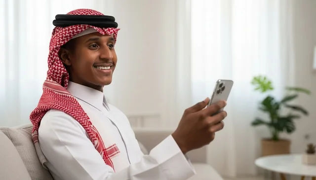 رجل سعودي مبتسم يستخدم الهاتف الذكي في غرفة معيشة