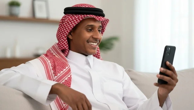 رجل سعودي يستخدم الهاتف الذكي بالثوب والشماغ داخل المنزل