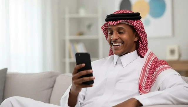 Saudi Man in Traditional Thobe Using Smartphone Indoors