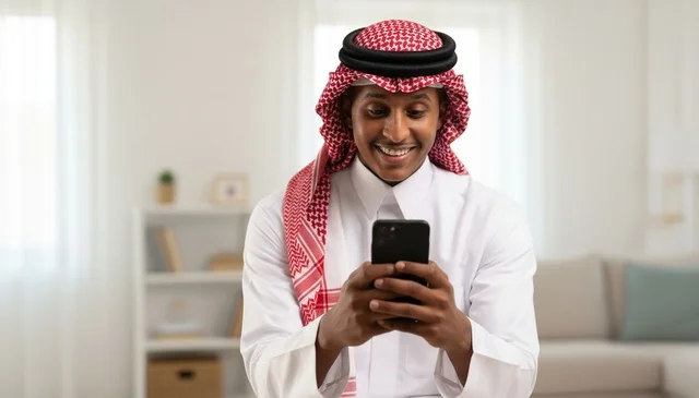 Saudi Man in Traditional Thobe Using Smartphone Indoors