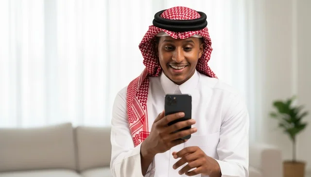 Smiling Saudi Man Using Smartphone in Living Room