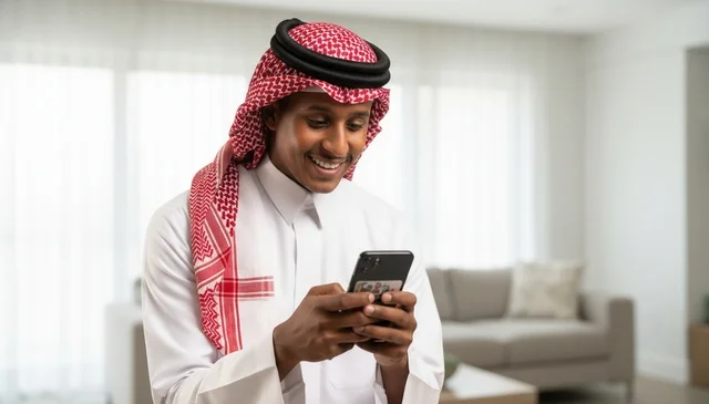 رجل سعودي بالزي التقليدي يستخدم الهاتف الذكي في المنزل