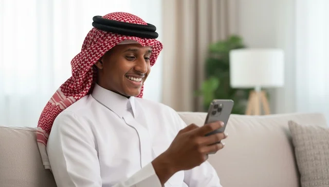 رجل سعودي بالثوب التقليدي يستخدم الهاتف الذكي في المنزل
