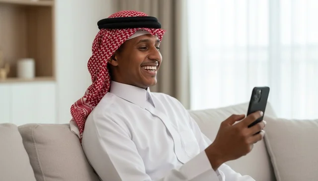 رجل سعودي بالزي التقليدي يستخدم الهاتف الذكي