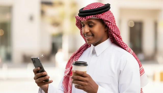 Saudi Man in Traditional Thobe Using Smartphone