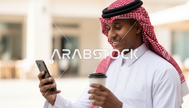 رجل سعودي يستخدم الهاتف الذكي ويمسك كوب قهوة