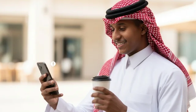 رجل سعودي يستخدم الهاتف الذكي ويمسك كوب قهوة