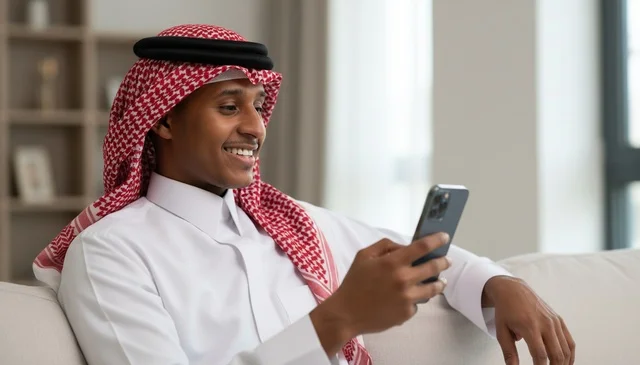 رجل سعودي بالزي التقليدي يستخدم الهاتف الذكي