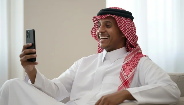 Saudi Man in Traditional Thobe Using Smartphone
