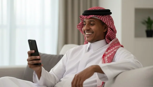 رجل سعودي بالزي التقليدي يستخدم الهاتف الذكي