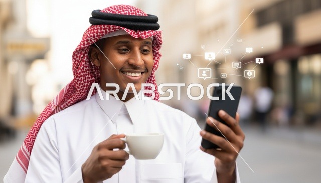 رجل سعودي يستخدم الهاتف الذكي ويمسك القهوة