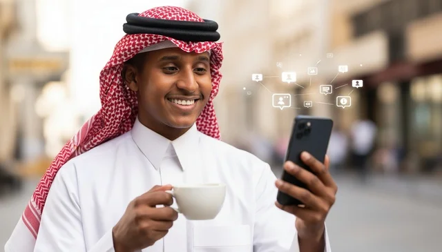 Saudi Man Using Smartphone and Holding Coffee