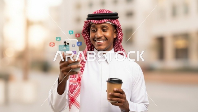رجل سعودي يستخدم الهاتف الذكي مع أيقونات التواصل الاجتماعي