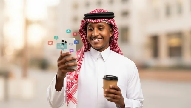 رجل سعودي يستخدم الهاتف الذكي مع أيقونات التواصل الاجتماعي