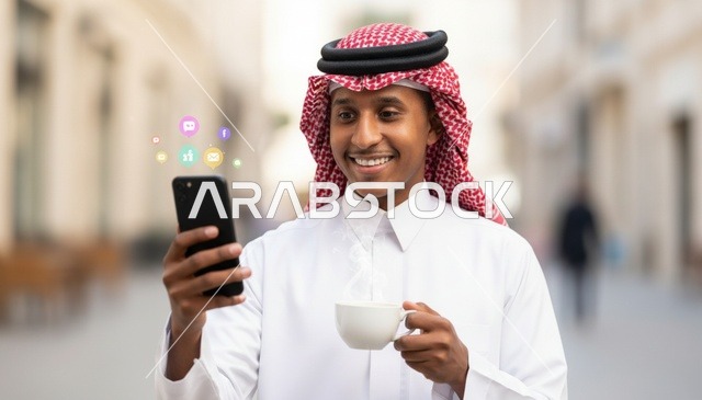 رجل سعودي يستخدم الهاتف مع القهوة بالزي التقليدي