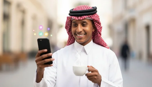 Saudi Man with Smartphone and Coffee in Traditional Thobe