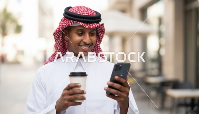 رجل سعودي مع هاتف ذكي وقهوة في الخارج