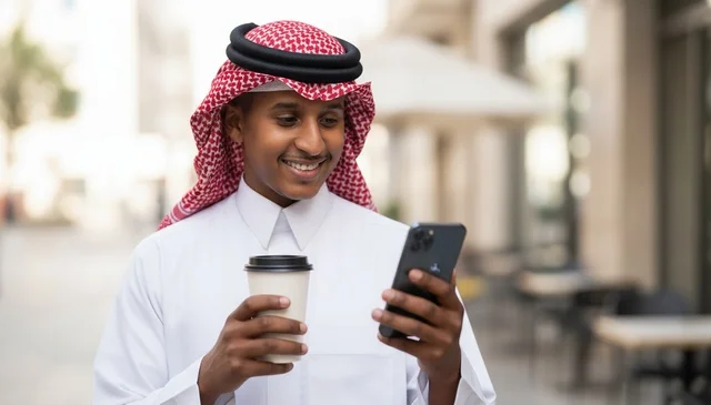 Saudi Man with Smartphone and Coffee Outdoors