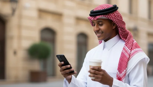 رجل سعودي يستخدم الهاتف الذكي مع كوب قهوة