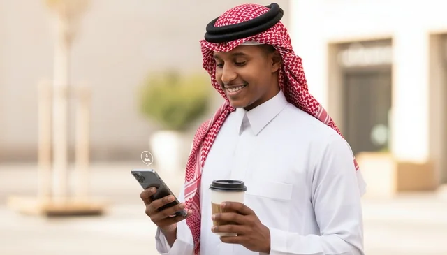 رجل سعودي يستخدم الهاتف الذكي ويحمل قهوة