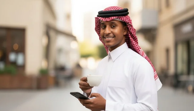 رجل سعودي بالثوب التقليدي مع القهوة
