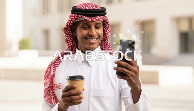 رجل سعودي بالزي التقليدي يستخدم الهاتف الذكي في الخارج