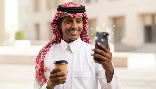 Saudi Man in Traditional Thobe Using Smartphone Outdoors