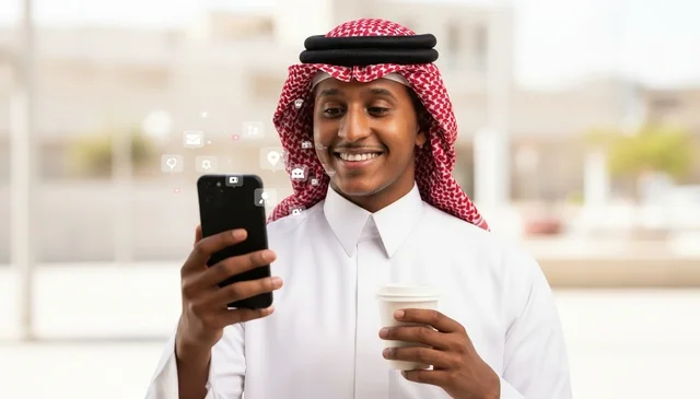 رجل سعودي يستخدم الهاتف الذكي مع كوب قهوة بالزي التقليدي