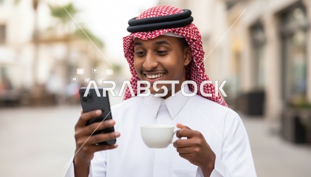 رجل سعودي بالثوب التقليدي يستخدم الهاتف مع القهوة