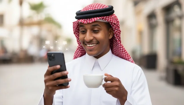 رجل سعودي بالثوب التقليدي يستخدم الهاتف مع القهوة