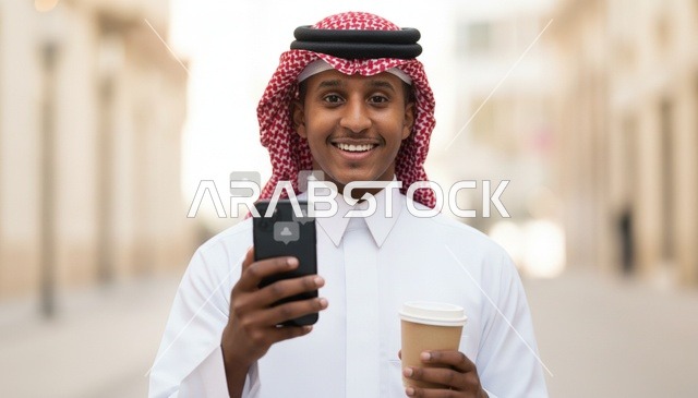 رجل سعودي يحمل هاتفاً ذكياً وكوب قهوة في الخارج