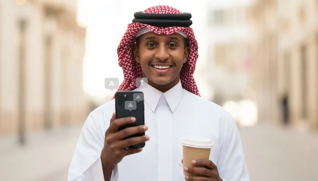 رجل سعودي يحمل هاتفاً ذكياً وكوب قهوة في الخارج