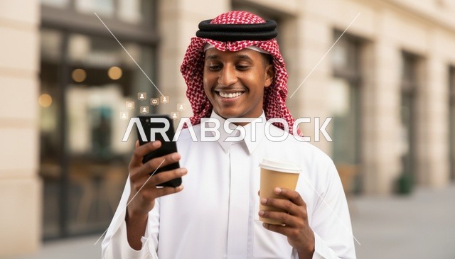رجل سعودي باللباس التقليدي مع هاتف وقهوة