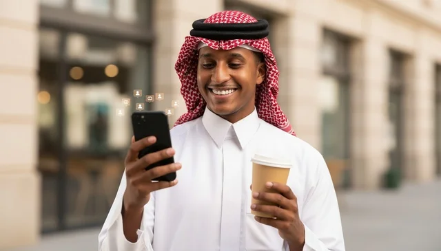 رجل سعودي باللباس التقليدي مع هاتف وقهوة