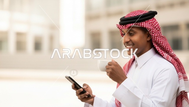 رجل سعودي يستخدم الهاتف الذكي ويشرب القهوة في الخارج