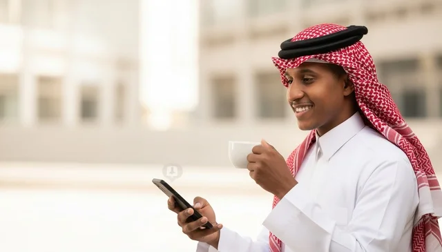 رجل سعودي يستخدم الهاتف الذكي ويشرب القهوة في الخارج