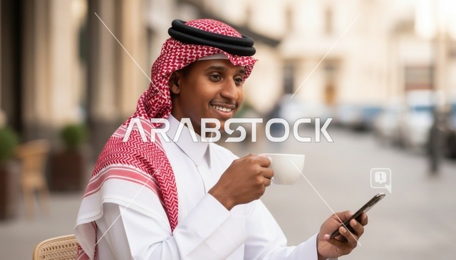 رجل سعودي مع هاتف ذكي وقهوة في الخارج