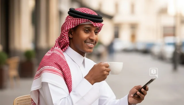 Saudi Man with Smartphone and Coffee Outdoors