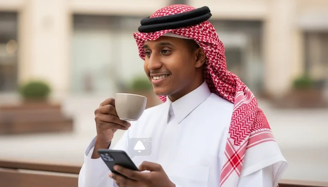 Saudi Man in Traditional Thobe Holding Coffee and Phone