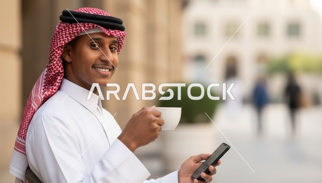 رجل سعودي بالثوب التقليدي يحمل قهوة وهاتف