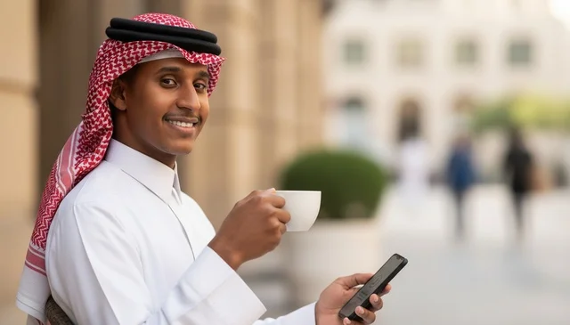 Saudi Man in Traditional Thobe with Coffee and Phone