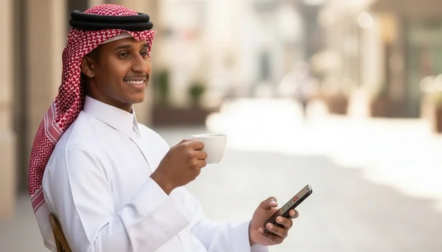 A Saudi man in traditional attire holding coffee and a phone.