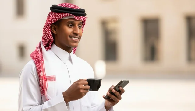 رجل سعودي بالزي التقليدي يمسك هاتفاً ذكياً وكوب قهوة