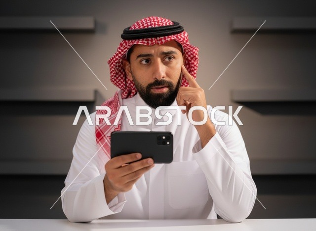 رجل سعودي بالثوب التقليدي يستخدم الهاتف الذكي