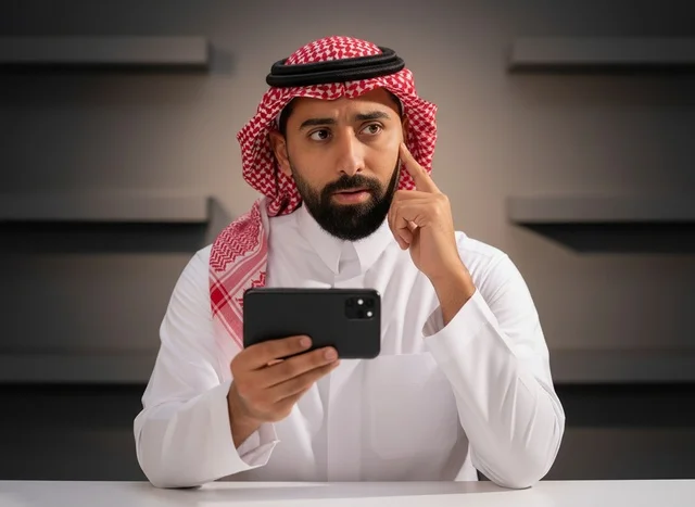رجل سعودي بالثوب التقليدي يستخدم الهاتف الذكي